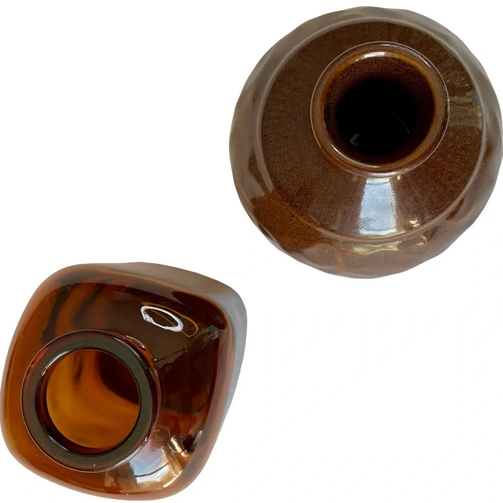 Pair of 4 inch Brown Mini Ceramic Bud Vase Glass Snuff Jar
